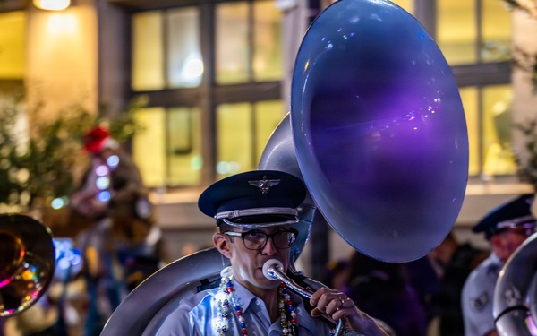 Band of the West and Fort Sam's Own march in Mardi Gras