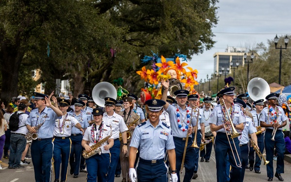 Band of the West and Fort Sam's Own march in Mardi Gras