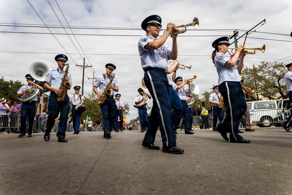 Band of the West and Fort Sam's Own march in Mardi Gras