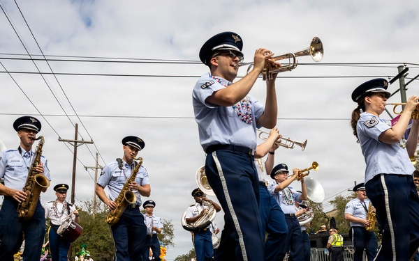 Band of the West and Fort Sam's Own march in Mardi Gras