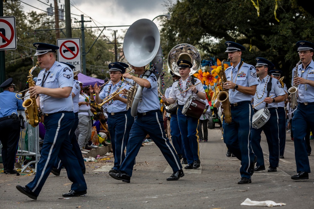 Band of the West and Fort Sam's Own march in Mardi Gras