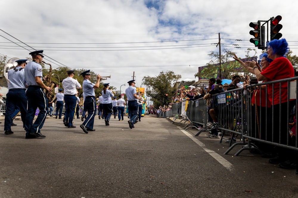 Band of the West and Fort Sam's Own march in Mardi Gras