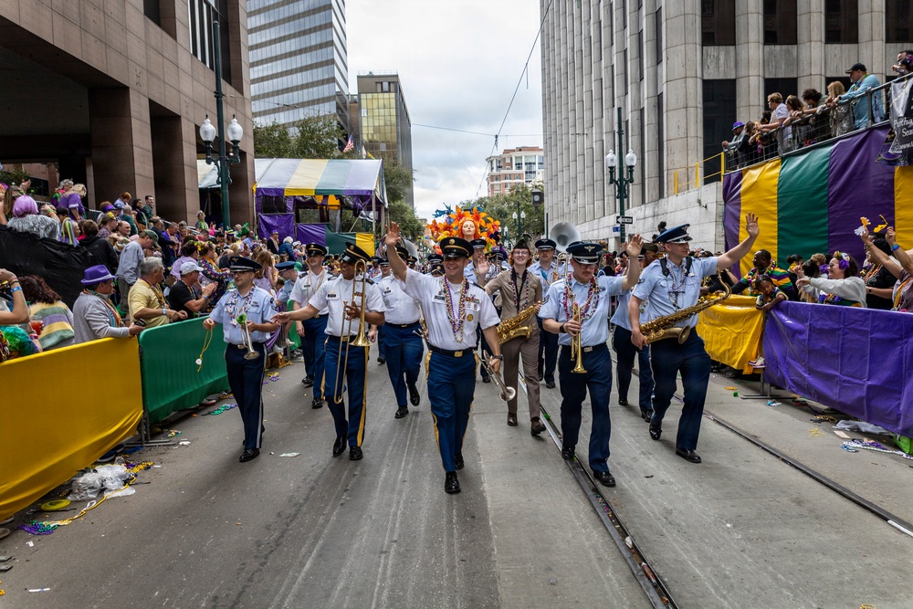 Band of the West and Fort Sam's Own march in Mardi Gras