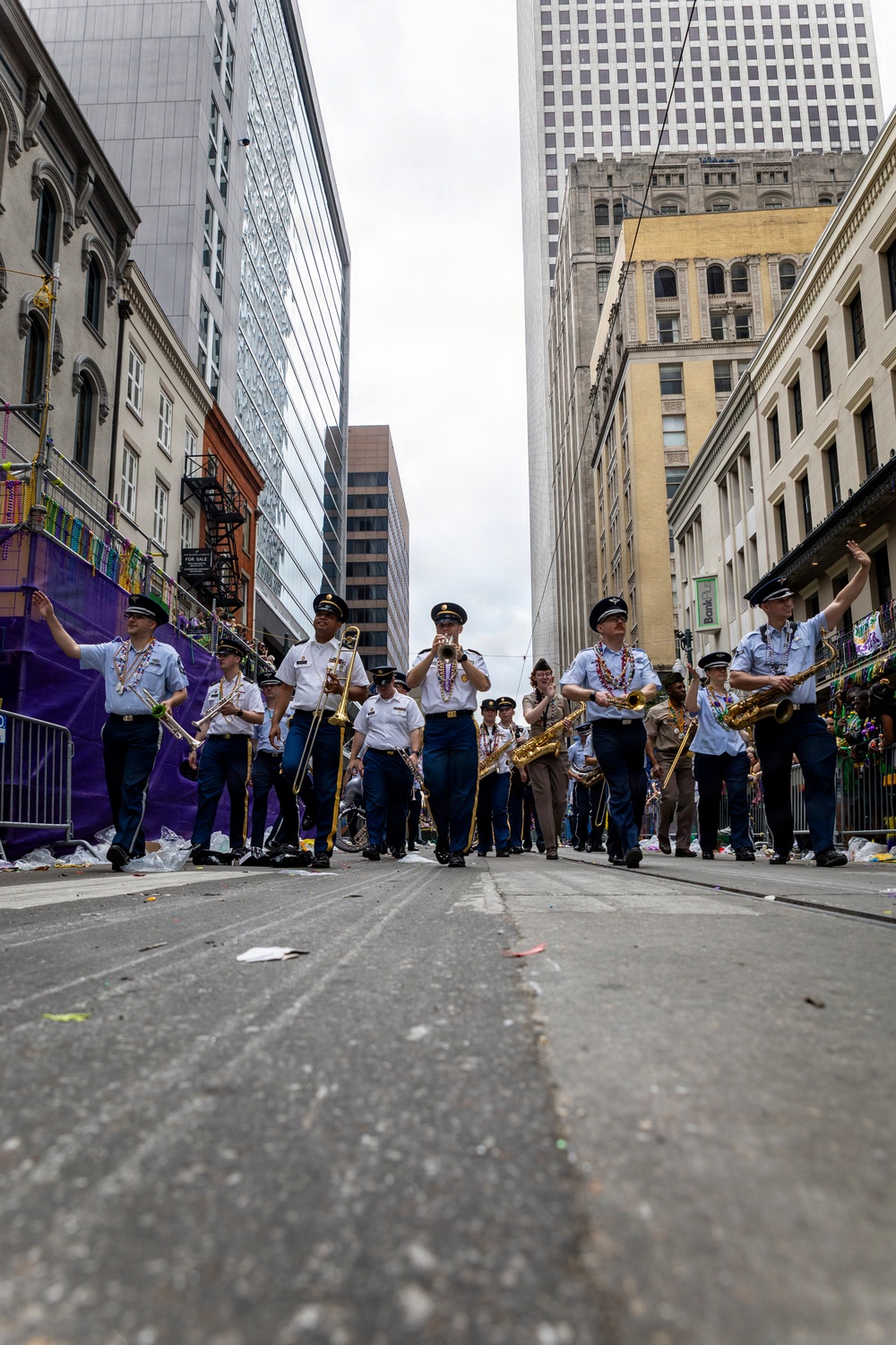 Band of the West and Fort Sam's Own march in Mardi Gras