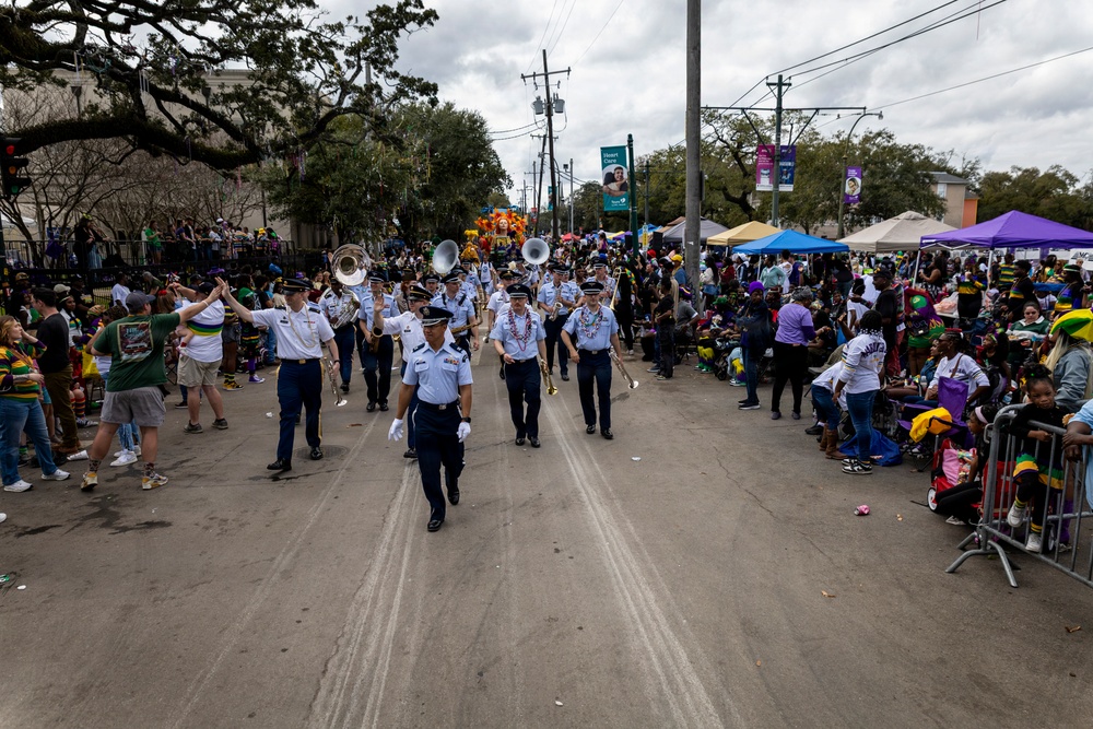 Band of the West and Fort Sam's Own march in Mardi Gras