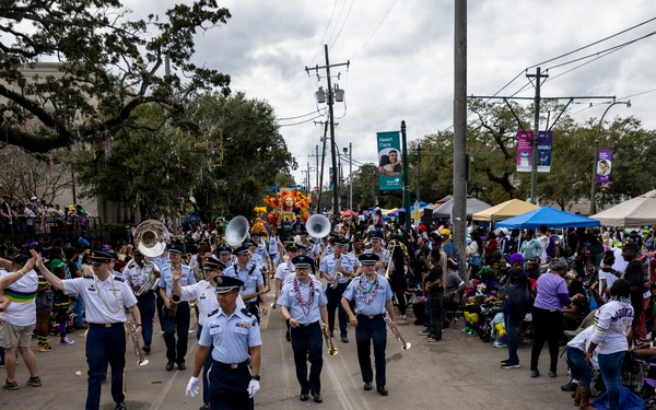 Band of the West and Fort Sam's Own march in Mardi Gras