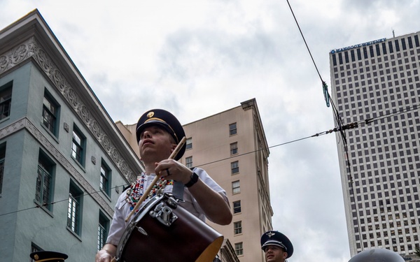 Band of the West and Fort Sam's Own march in Mardi Gras