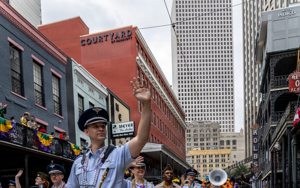 Band of the West and Fort Sam's Own march in Mardi Gras