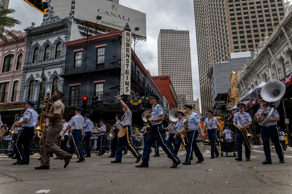 Band of the West and Fort Sam's Own march in Mardi Gras