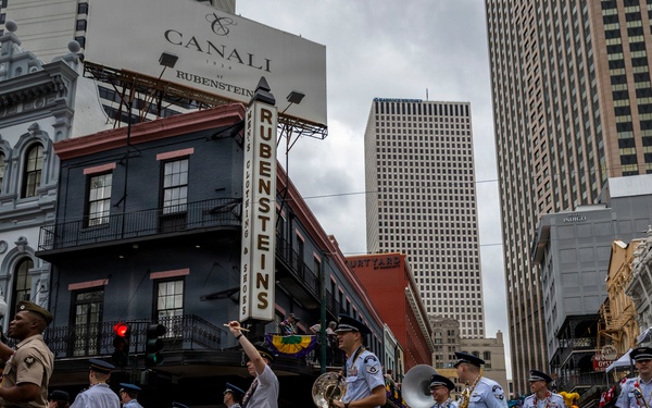 Band of the West and Fort Sam's Own march in Mardi Gras