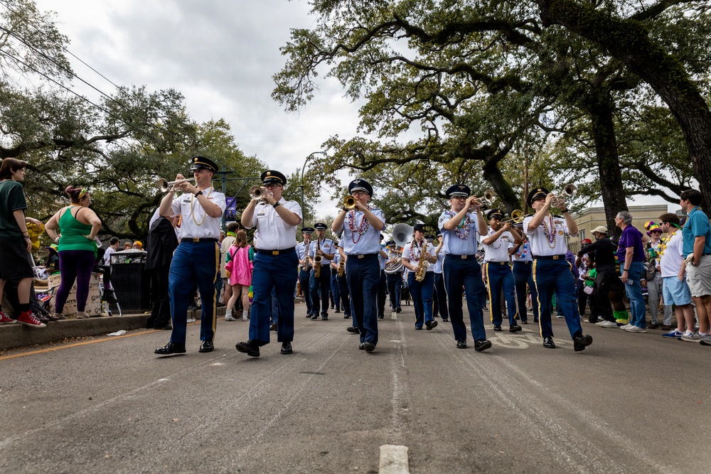 Band of the West and Fort Sam's Own march in Mardi Gras
