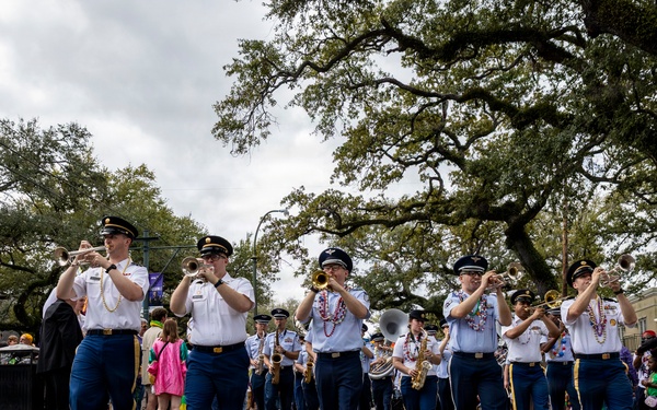 Band of the West and Fort Sam's Own march in Mardi Gras