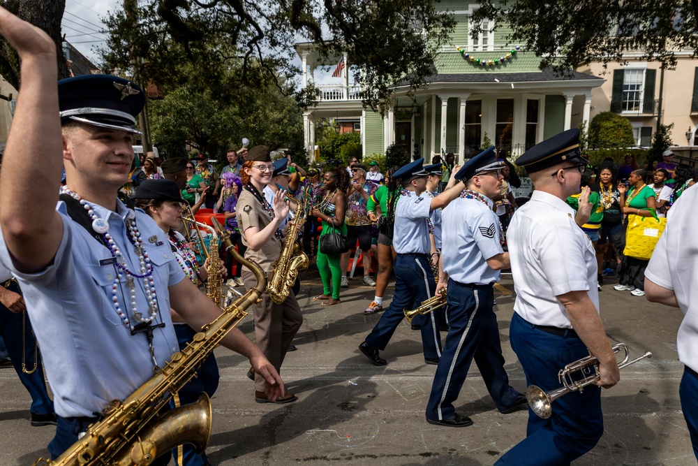 Band of the West and Fort Sam's Own march in Mardi Gras