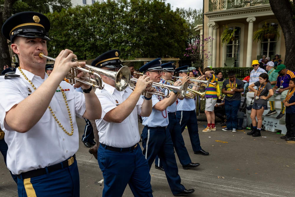 Band of the West and Fort Sam's Own march in Mardi Gras