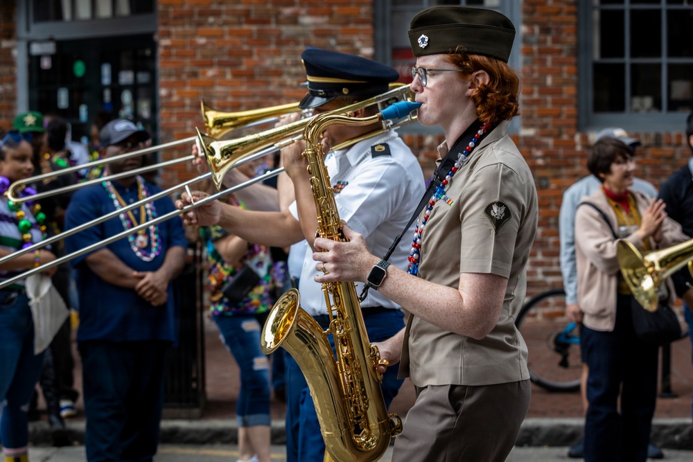 Band of the West and Fort Sam's Own march in Mardi Gras