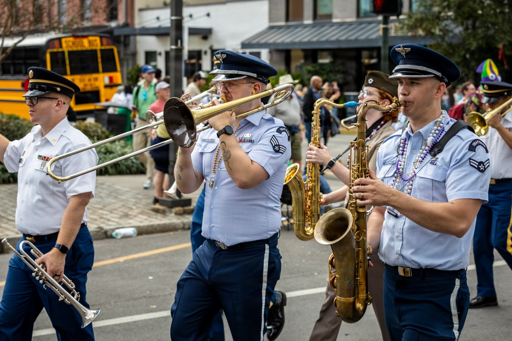 Band of the West and Fort Sam's Own march in Mardi Gras