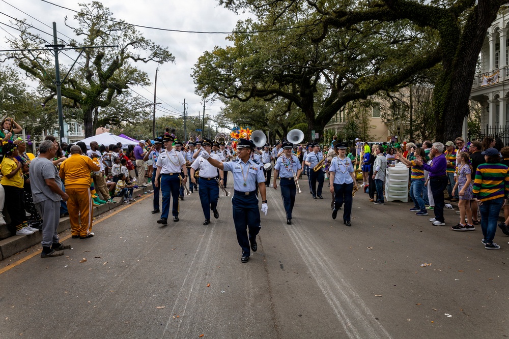 Band of the West and Fort Sam's Own march in Mardi Gras