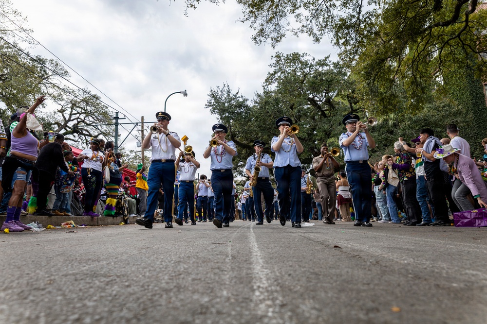 Band of the West and Fort Sam's Own march in Mardi Gras