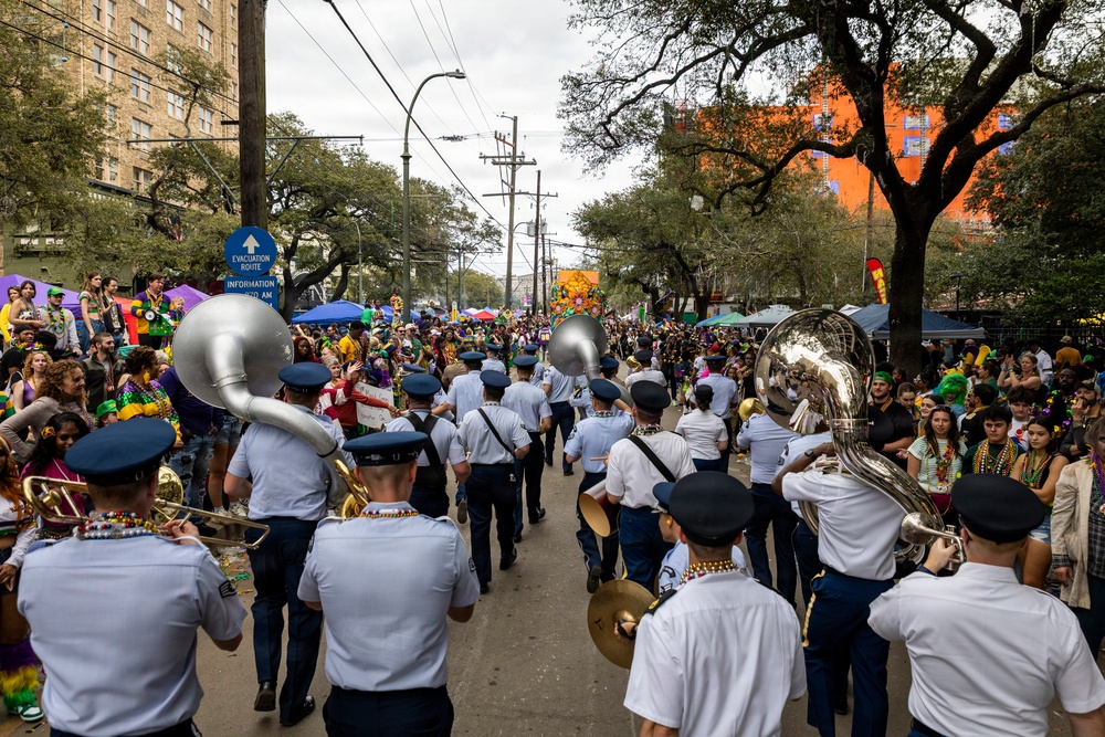 Band of the West and Fort Sam's Own march in Mardi Gras