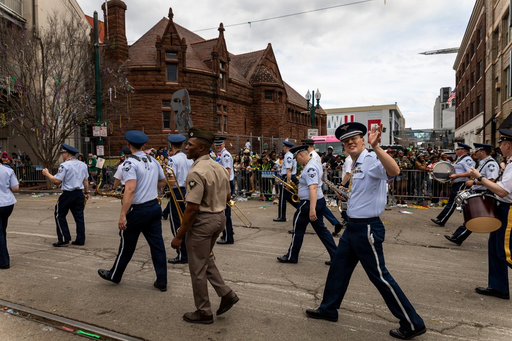 Band of the West and Fort Sam's Own march in Mardi Gras