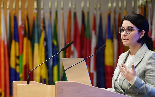 Mainela Petkova speaks to participants during the Strategic Competition in Russia course