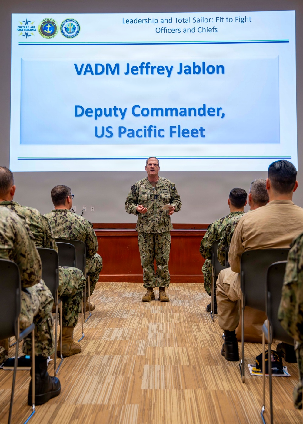 Vice Adm. Jeff Jablon, deputy commander, U.S. Pacific Fleet, delivers remarks at a Total Sailor: Fit to Fight workshop