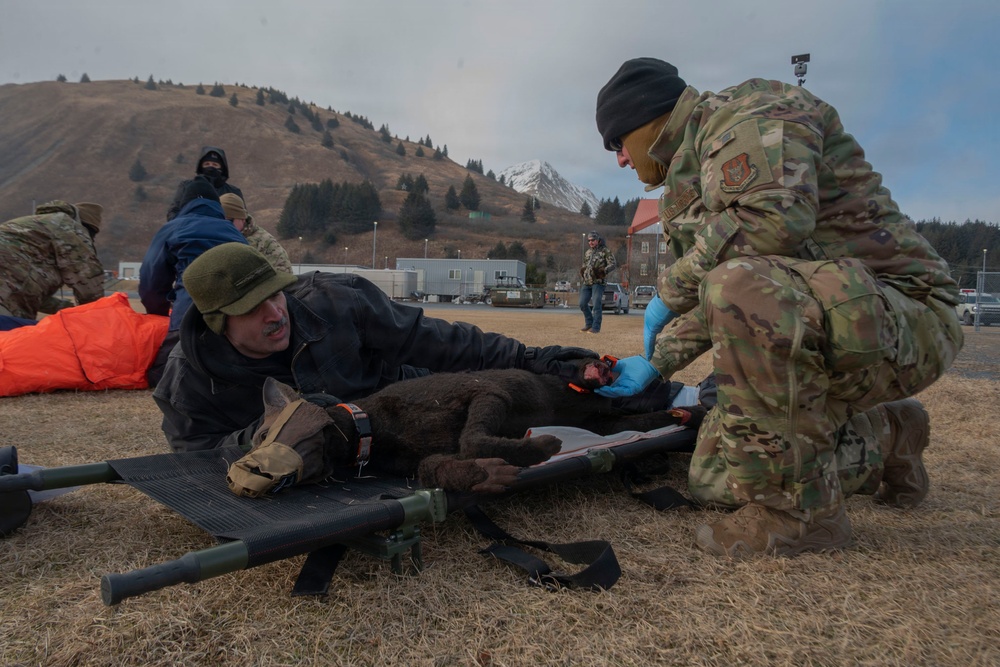 Joint Force medical experimentation team performs mass casualty drill USCG Air Station Kodiak during ARCTIC EDGE 2026