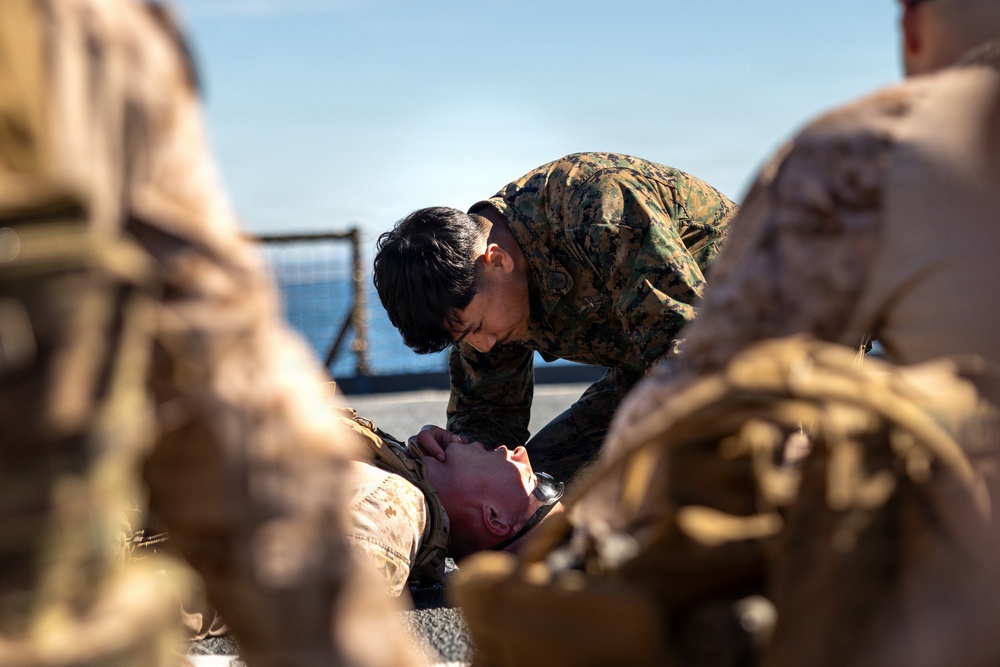 11th MEU Marines Conduct Tactical Combat Casualty Care Training Aboard USS Comstock