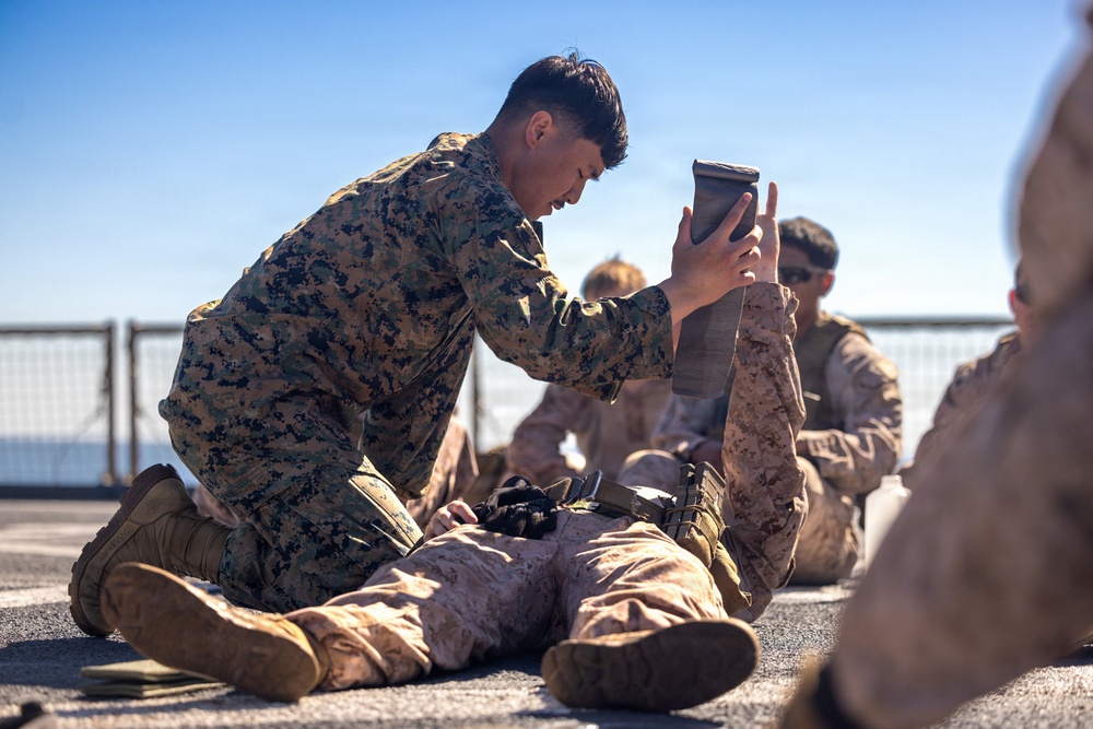 11th MEU Marines Conduct Tactical Combat Casualty Care Training Aboard USS Comstock