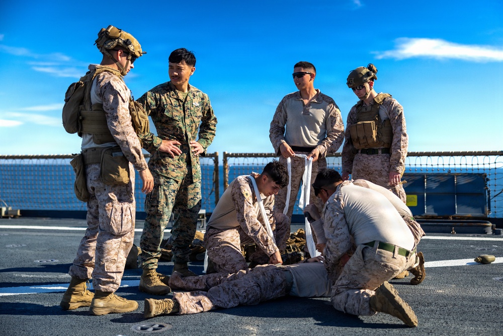 11th MEU Marines Conduct Tactical Combat Casualty Care Training Aboard USS Comstock