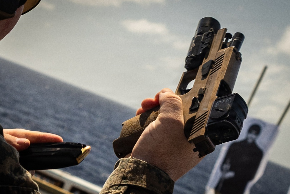 22ND MEU (SOC) | MSPF Marines Conduct Pistol Qualification Aboard USS Fort Lauderdale