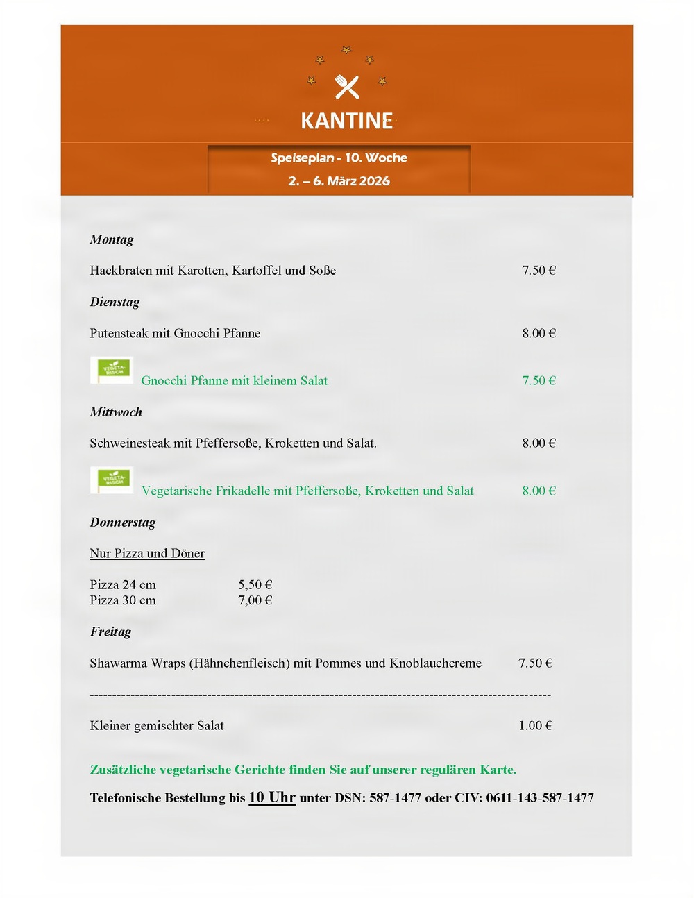 German Kantine menu - 2-6 March 2026