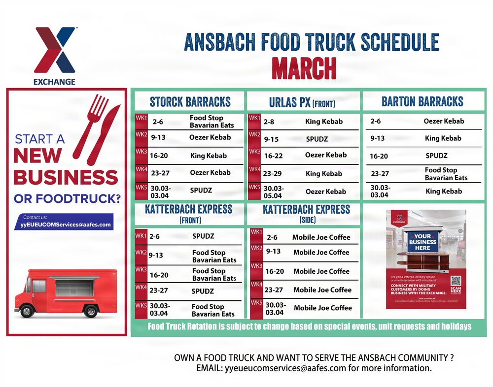 USAG Ansbach Food Truck schedule - March 2026