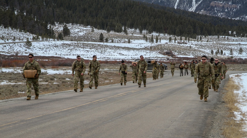 10th Special Forces Group (Airborne) Soldiers participate in a ruck during Cold Weather Training.