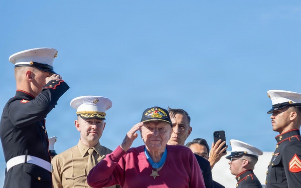 MoH recipient, retired U.S. Navy Capt. Royce Williams arrives to Jet Center Palomar Airport