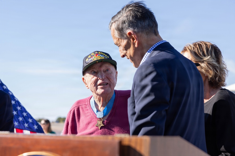 MoH recipient, retired U.S. Navy Capt. Royce Williams arrives at Jet Center Palomar Airport