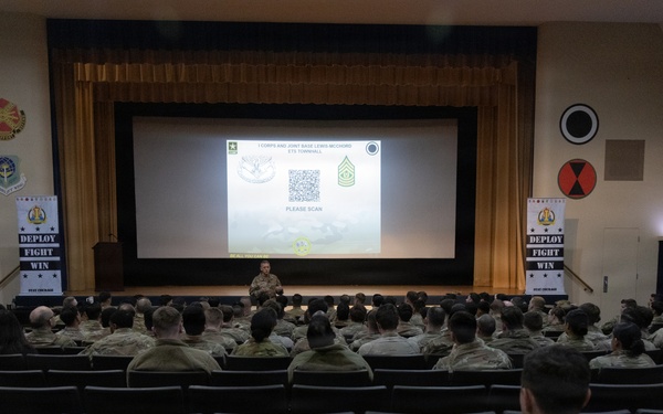 U.S. Soldiers Gathered for a PCS/ETS Retention Brief Hosted by I Corps Command Sgt. Maj.