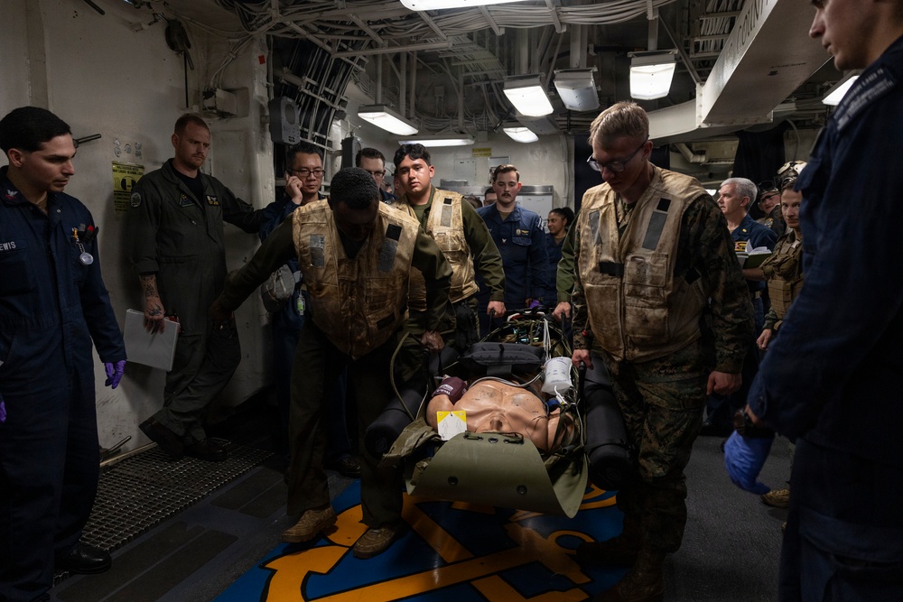 11th MEU Marines, Sailors Conduct a Simulated Casualty Drill Aboard USS Boxer