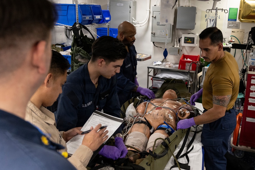11th MEU Marines, Sailors Conduct a Simulated Casualty Drill Aboard USS Boxer