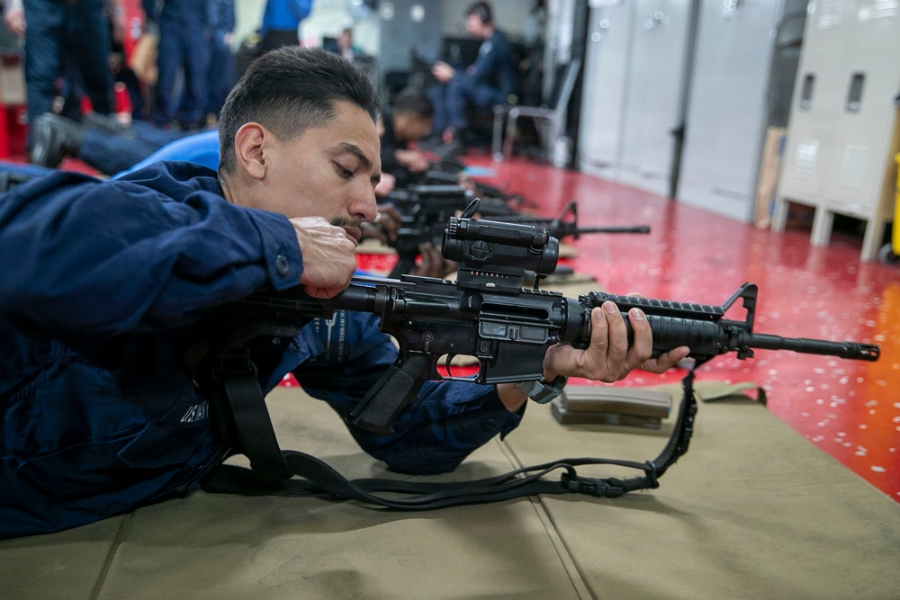 USS Tripoli Conducts An M4 Weapon Familiarization