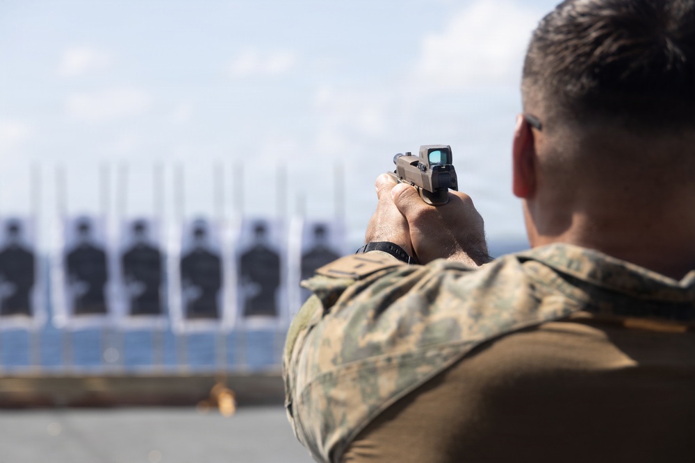 22nd MEU (SOC) | MSPF Marines Conduct Pistol Qualification Aboard USS Fort Lauderdale