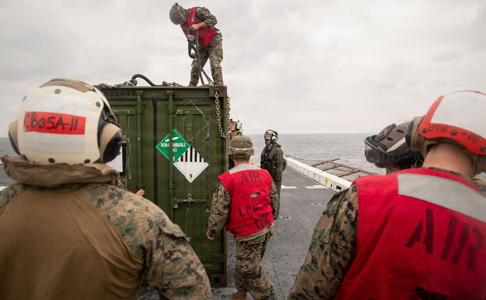 USS New Orleans (LPD 18) and Combat Logistics Company A (CLC-A) Conduct Helicopter Support Team Evolution