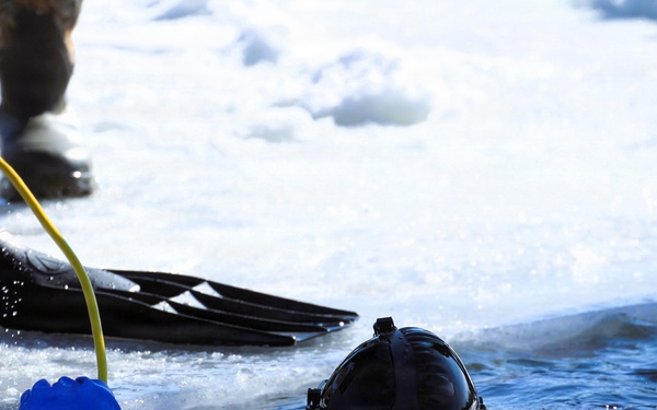Fort McCoy firefighters practice diving under ice at post’s Big Sandy Lake during February 2026 training