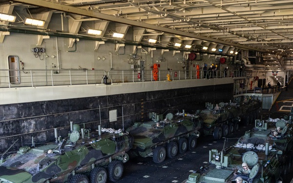Marines with 2nd AA Bn conduct ACV well deck operations aboard USS Arlington