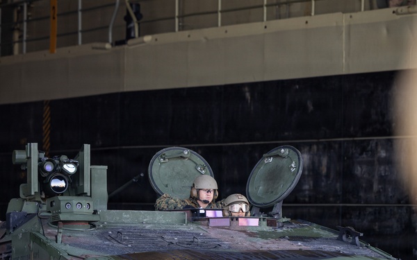 Marines with 2nd AA Bn conduct ACV well deck operations aboard USS Arlington