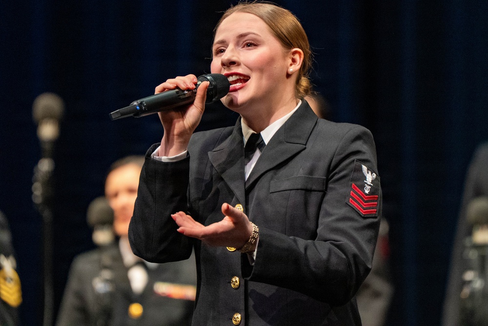 Musician 1st Class Kathryn Dobbins performs at the Patriots Theatre at Trenton War Memorial during the US Navy Bands Sea Chanters National Tour