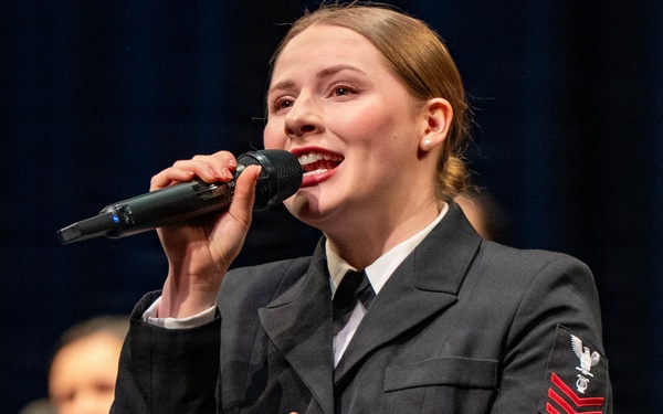 Musician 1st Class Kathryn Dobbins performs at the Patriots Theatre at Trenton War Memorial during the US Navy Bands Sea Chanters National Tour