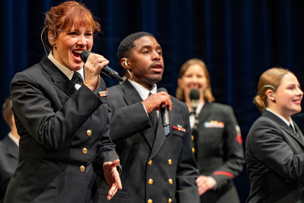 Chief Musician Maia Rodriguez performs at the Patriots Theatre at Trenton War Memorial during the US Navy Bands Sea Chanters National Tour