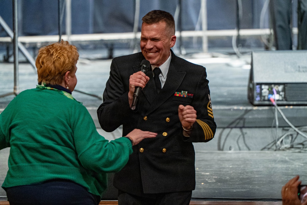Senior Chief Musician Bill Edwards performs at the Patriots Theatre at Trenton War Memorial during the US Navy Bands Sea Chanters National Tour