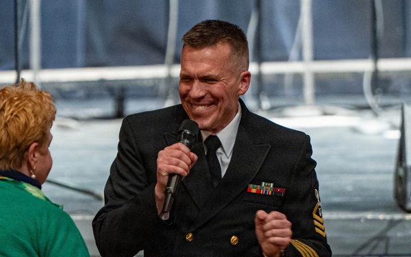 Senior Chief Musician Bill Edwards performs at the Patriots Theatre at Trenton War Memorial during the US Navy Bands Sea Chanters National Tour